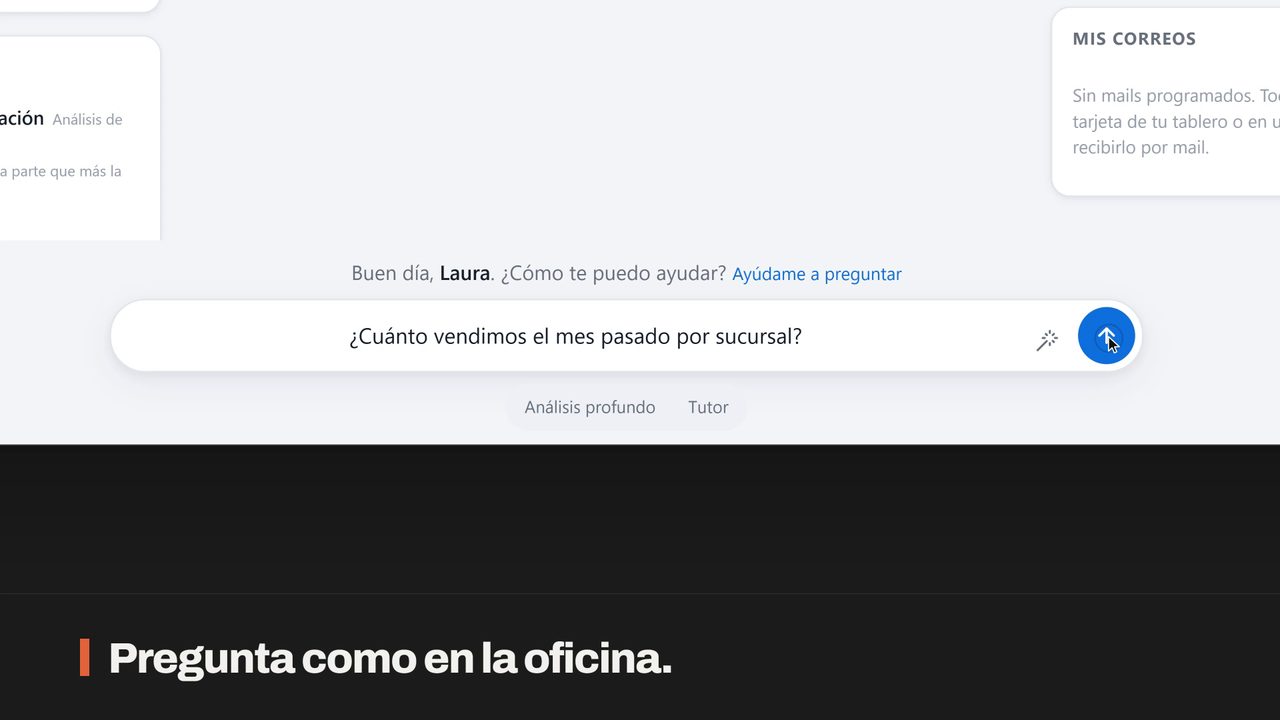 La pregunta «¿Cuánto vendimos el mes pasado por sucursal?» escrita en la caja de SmartBI IQ
